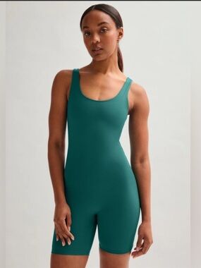 Girlfriend Collective Bike Unitard Romper Shorts Body Shaper Teal Size XXS